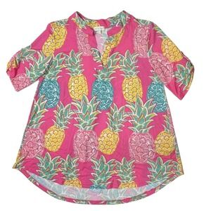 SIMPLY SOUTHERN Pink Pineapple Tunic Top Women Medium Hawaiian Coastal Dopamine